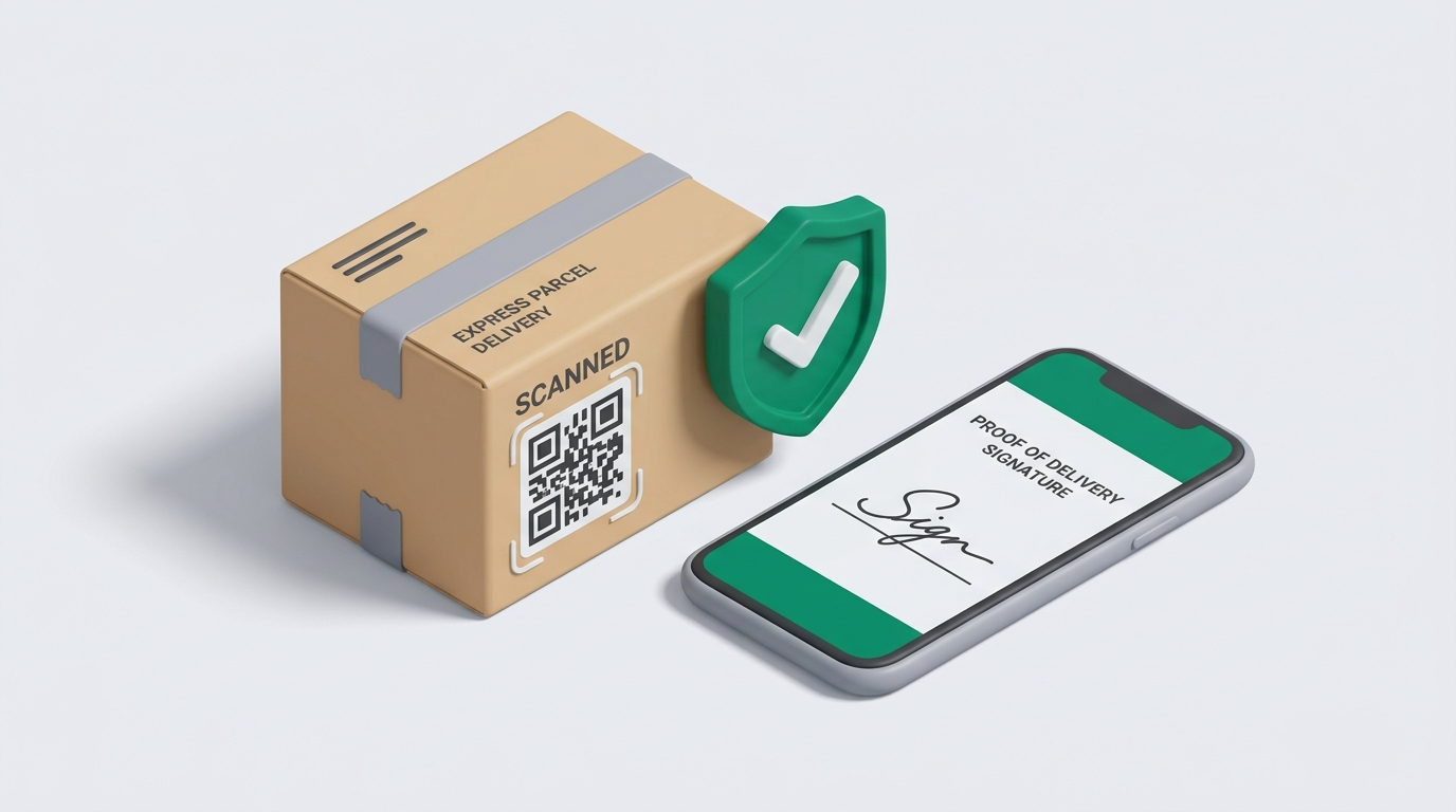 3D isometric illustration of express parcel delivery proof of delivery. A cardboard package box with a scanned QR code and a floating emerald green safety checkmark shield. A smartphone screen displaying a digital signature line for proof of delivery. Clean modern logistics concept, emerald green (#059669) and soft grey accents, smooth clay material render, isolated on clean light background, 8k resolution --ar 16:9